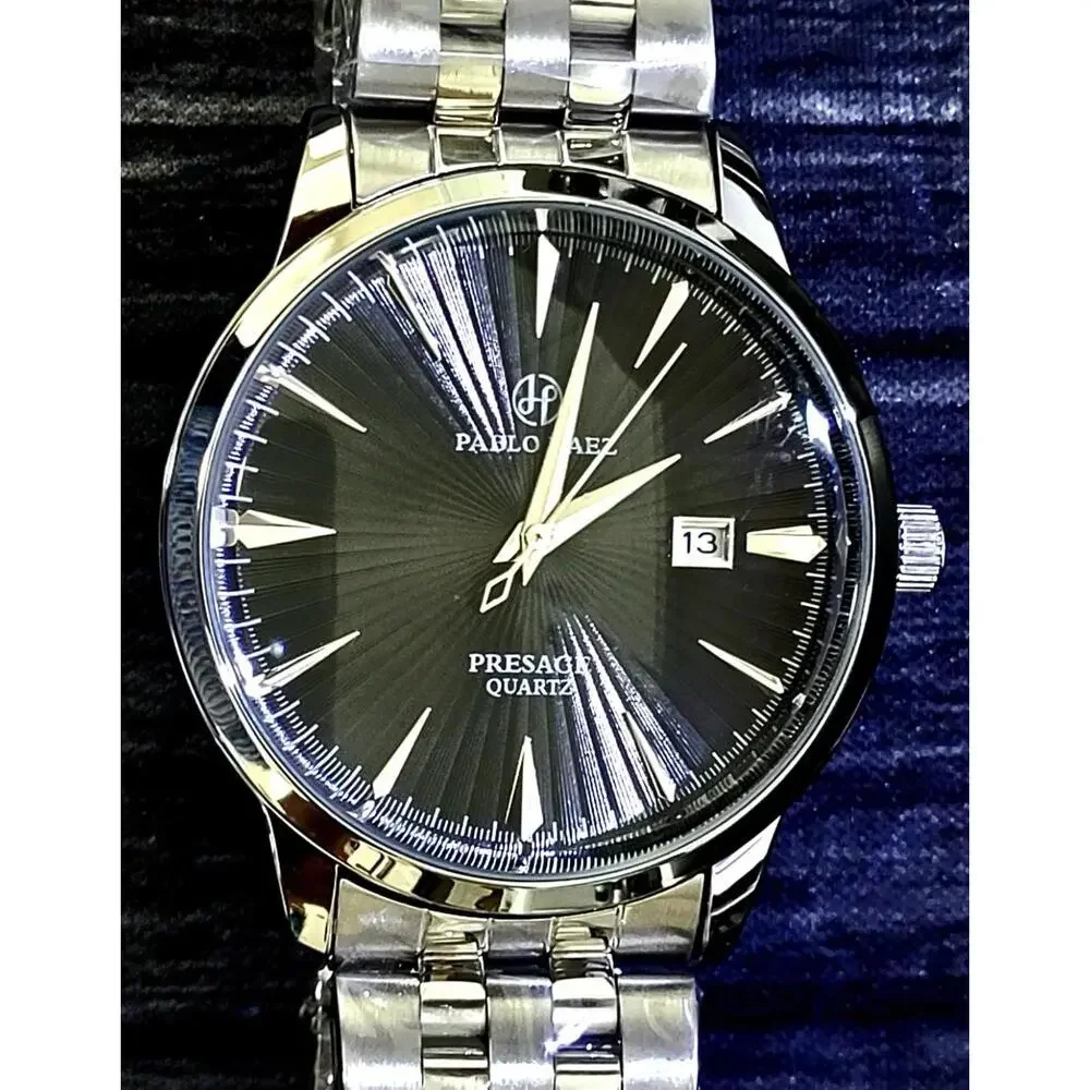 New Vintage Pablo Raez 40mm Mens Slv Blk Steel Presage‎ Watch